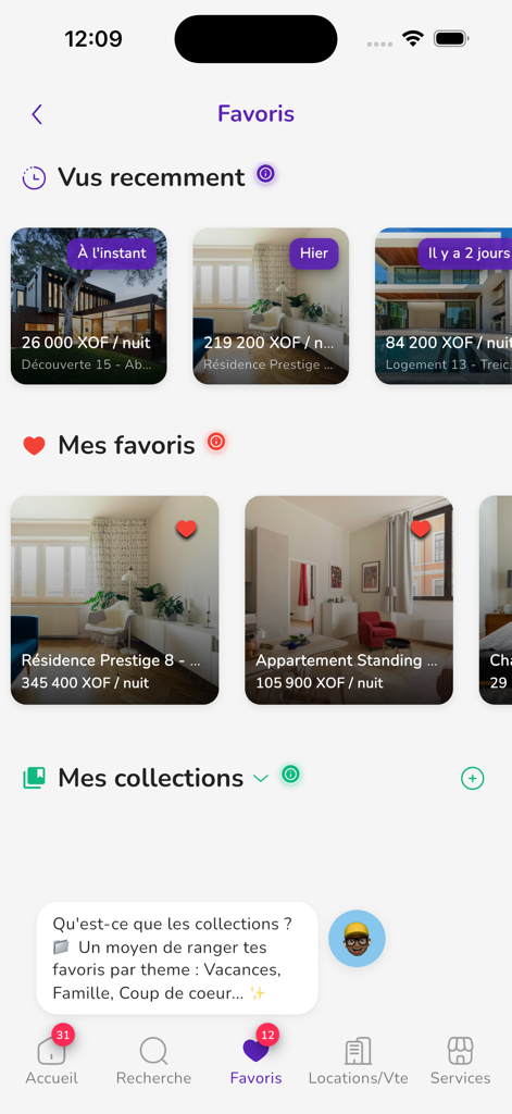 Onglet Favoris, vus recemment et collections