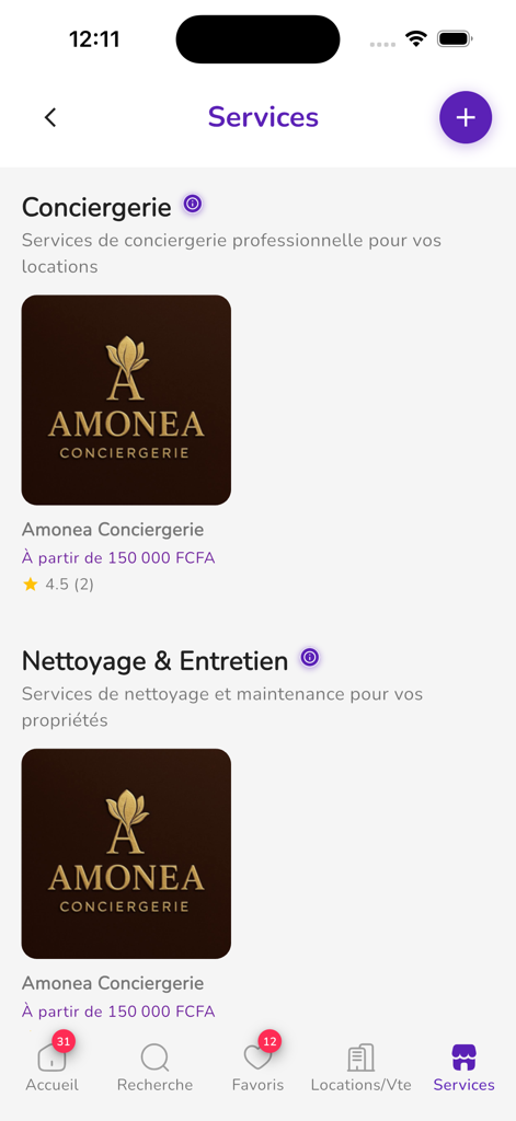 Onglet Services, conciergerie et prestataires