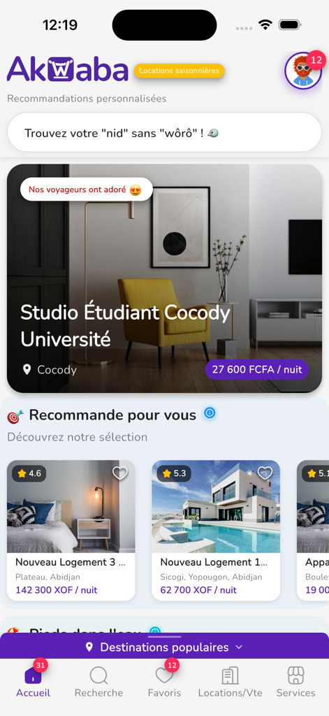 Onglet Accueil, sections et recommandations